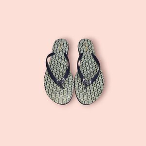 Tory Burch Chelsea Flip Flops Blue Green Logo Medallion Thong Sandals 6 Luxury